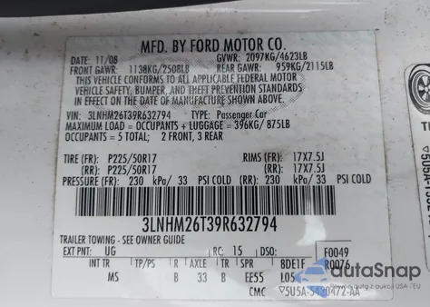 2009 Lincoln Mkz z USA, uszkodzony, nr VIN 3LNHM26T39R632794